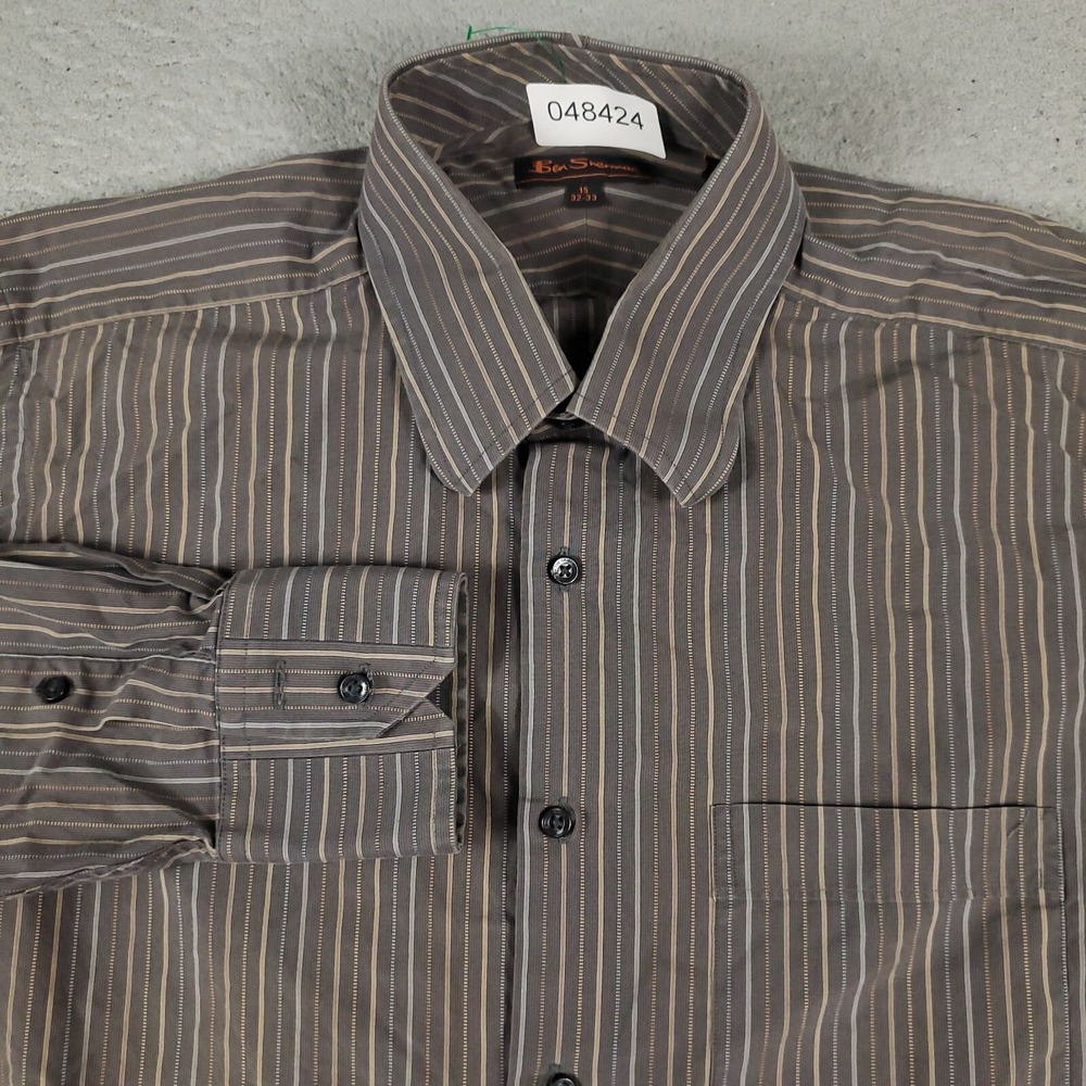Ben Sherman Shirt Mens 15 Brown Striped Dress Button Up Long Sleeve